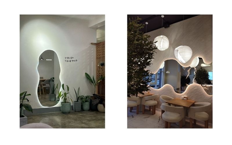 Sử dụng gương để trang trí tường quán cà phê có điểm nhấn